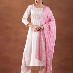 Libas Round Neck Yoke Design Sequinned Straight Kurta with Trouser &Dupatta image 5