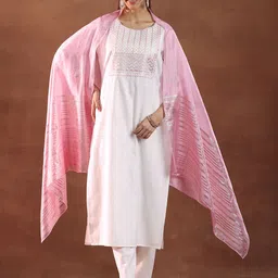 Libas Round Neck Yoke Design Sequinned Straight Kurta with Trouser &Dupatta image 2