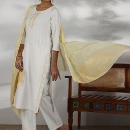Libas Striped Self Design Sequinned Straight Kurta with Trouser & Dupatta image 1