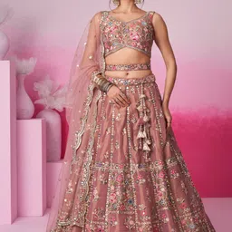 panchhi Embroidered Sequinned Net Semi-Stitched Lehenga & Unstitched Blouse With Dupatta image 1