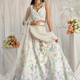 panchhi Embroidered Sequinned Net Semi Stitched Lehenga & Unstitched Blouse With Dupatta image 1