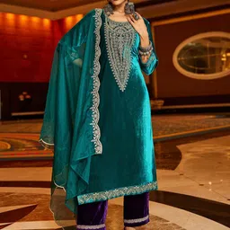 Indo Era Women Ethnic Motifs Embroidered Regular Sequinned Velvet Kurta with Trousers & With Dupatta-24