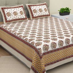 BELLA CASA Brown & White Floral Cotton 180 TC King Bedsheet With 2 Pillow Covers-image-33
