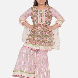 Little Bansi Girls Pink Floral Printed Kurti with Sharara & With Dupatta-image-35