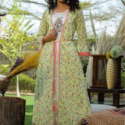 Juniper Women Lime Green & White Pure Cotton Printed Thread Work Kurta-picture-25
