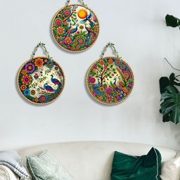 SEHAZ ARTWORKS Blue & Yellow 3 Pieces Floral Printed Wooden Wall Hangings-image-93