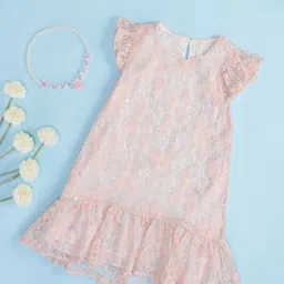 Pantaloons Junior Girls Self Design Flutter Sleeve Lace Cotton A-Line Dress-picture-0