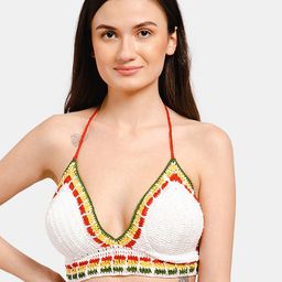 Velvery Colourblocked Halter Neck Crochet Swim Bra-image-99