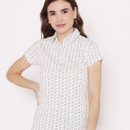 Vami Women White Printed Polo Collar Cotton T-shirt-image-30