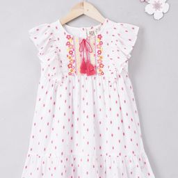 Ed-a-Mamma Girls Floral Embroiered Tie-Up Neck Flutter Sleeve Pure Cotton Empire Dress-10