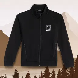 one8 x PUMA Boys Black Solid Knitted Virat Kohli Logo Full-Zip Regular Fit Bomber Jacket-picture-6