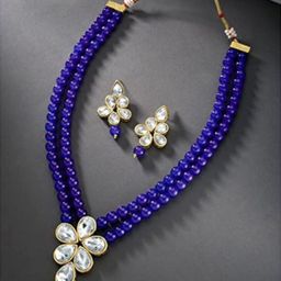 I Jewels Women Gold-Plated Kundan-Studded & Beaded Necklace and Earrings-image-0