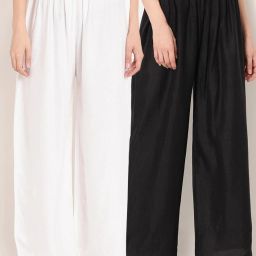 Pack of 2 Women Flared Black, White Cotton Blend Trousers-image-11