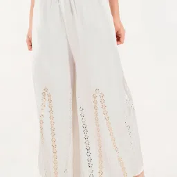 Women Flared White Cotton Blend Trousers-image-22
