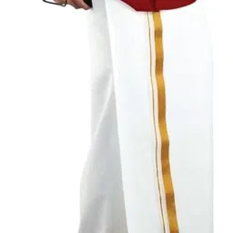 Taram Cotton Men's Flexible Velcro pocket Single Dhoti Gold Jari Border - Fits all Waist Size 28 to 44 Solid Men Dhoti-image-1