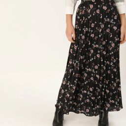 Women Floral Print Pleated Black Skirt-image-24