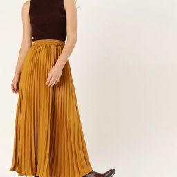 Women Solid Pleated Yellow Skirt-image-26