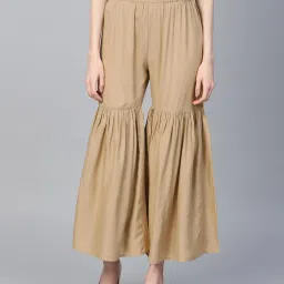 Women Flared Beige Viscose Rayon Trousers-image-11