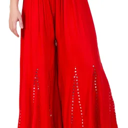 Women Flared Red Viscose Rayon Trousers-image-78
