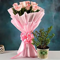 Jade Plant and Pink Rose Bouquet-12