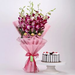 Chocolaty Orchids Bouquet Black Forest Cake image 1