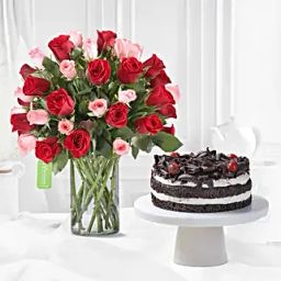 Red & Pink Roses With Black Forest Cake-7