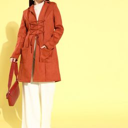 Athena Women Rust Solid Suede Trench Coat-24