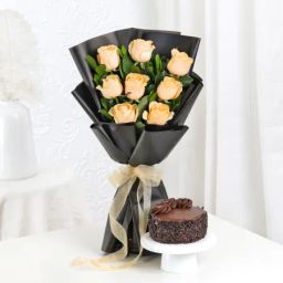 Peachy Delight - Peach Roses Bouquet With Mini Cake-image-11
