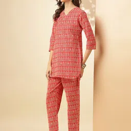 Shaily Red Abstract Printed V-Neck  Tunic With Trouser image 1
