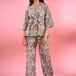 JISORA Floral Printed Pure Silk Lapel Collar Top With Palazzos Co-Ords-image-94