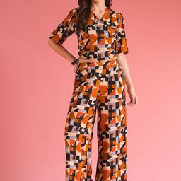 Globus Women Geometric Print Wrap Tie Back Top With Palazzos Co-Ord Set-0