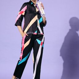 StyleStone Black & Pink Striped Satin Shirt With Trousers-picture-9