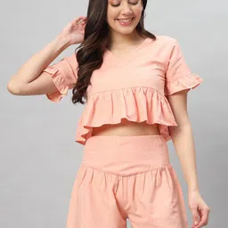 Mast & Harbour pink Pure Cotton V-Neck crop Top With Shorts Co-Ords-picture-21