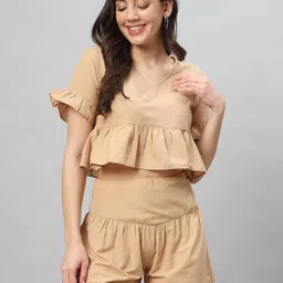 Mast & Harbour Beige Pure Cotton V-Neck Crop Top With Shorts Co-Ords-picture-22