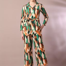 DressBerry Green Geometric Printed Shirt-Collar Tie Up Top With Trouser-image-90