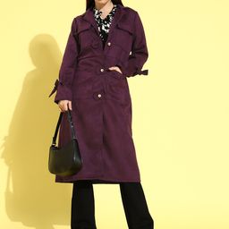 Athena Women Purple Solid Suede Trench Coat-picture-20