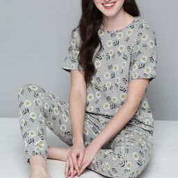 Mast & Harbour Women Grey Melange & White Floral Printed Jogger Set-image-75