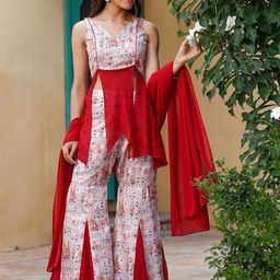 ASHEERA Pari-Printed Sleeveless Top Palazzos & Dupatta Co-Ords-image-11