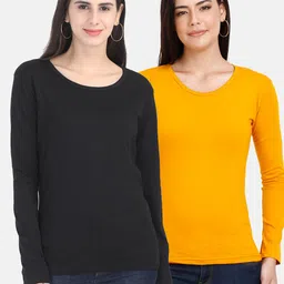 Fleximaa Women Black & Mustard Yellow Set Of 2 Cotton T-shirt-39