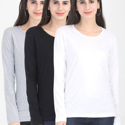 Fleximaa Women White & Black Set Of 3 Cotton T-shirt-image-15