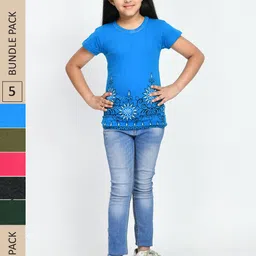 IndiWeaves Girls Pack Of 5 Printed Pure Cotton T-shirt-image-15