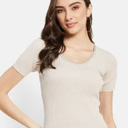 METTLE Self Design Scoop Neck Cotton Embellished Crop T-shirt-image-82