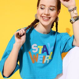 STREET 9 Women Turquoise Blue Typography Printed Drop-Shoulder Sleeves Bio Finish Boxy T-shirt-image-73