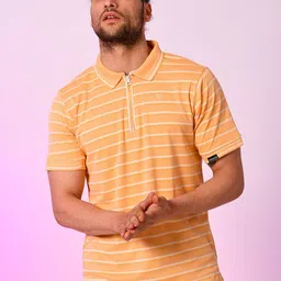 Campus Sutra Men Yellow & White Striped Polo Collar Cotton T-shirt-image-72
