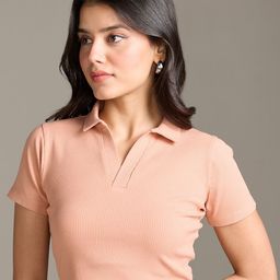20Dresses Peach- Coloured Shirt Collar Short Sleeves Fitted Crop Top-image-75