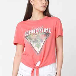 ONLY Graphic Printed Waist Tie- Up Cotton T-Shirt-4