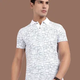 Kryptic Men Geometric Printed Polo Collar Cotton T-shirt-image-41