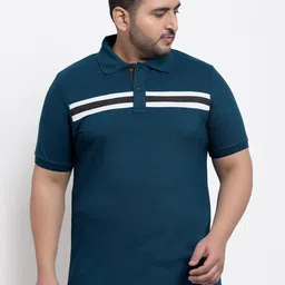 Kalt Men Plus Size Teal Blue & White Striped Polo Collar T-shirt-image-89