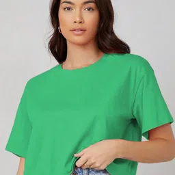 Kotty Yellow Floral Printed Round Neck Drop-Shoulder Sleeves Oversized Crop T-shirt-image-66