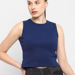 OFF LIMITS Women Navy Blue Solid Round Neck Crop T-shirt-image-23
